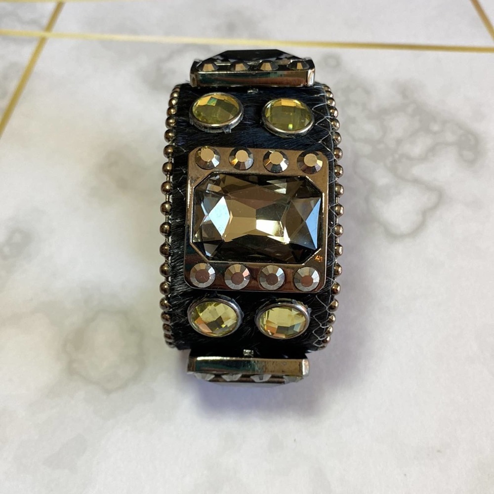 Leather Rhinestone and Pony Hair Leather Bangle Cuff Bracelet